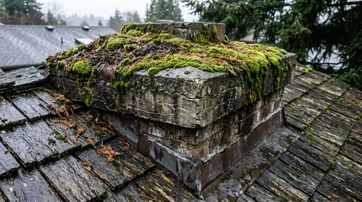 Thick green moss and fir needles built up on a cracked concrete chimney crown on a cedar shingle roof