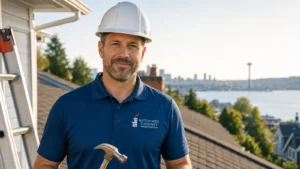 Professional chimney sweep technician on residential rooftop with city waterfront view.