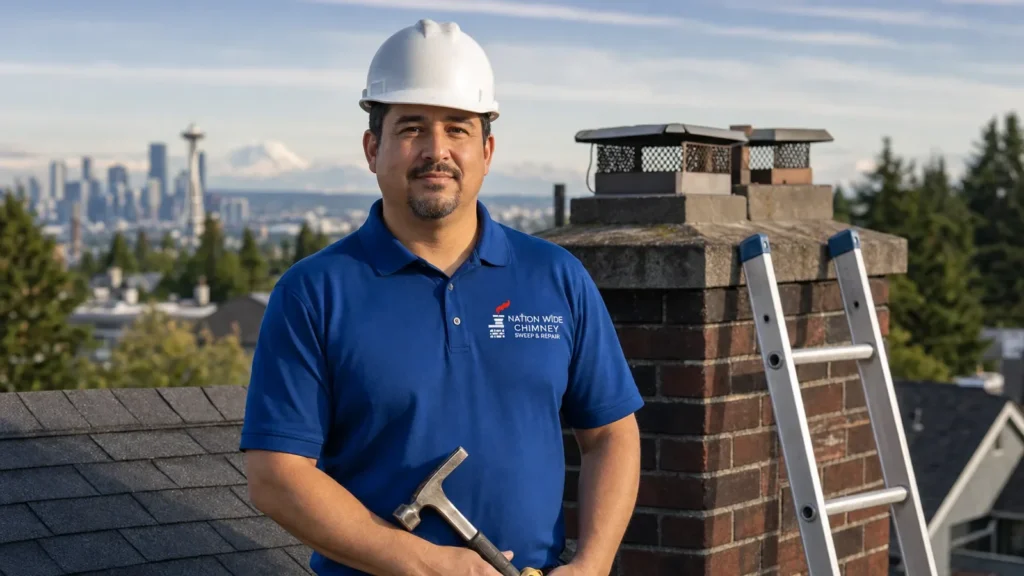 Professional chimney sweep technician poses on residential rooftop with city skyline backdrop.