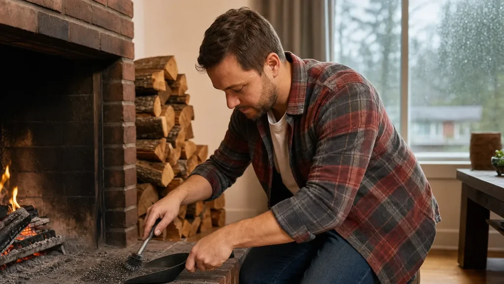 Man cleaning fireplace hearth with brush in cozy home interior