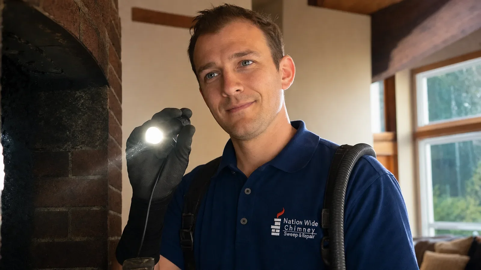Chimney sweep technician inspecting fireplace with LED flashlight.