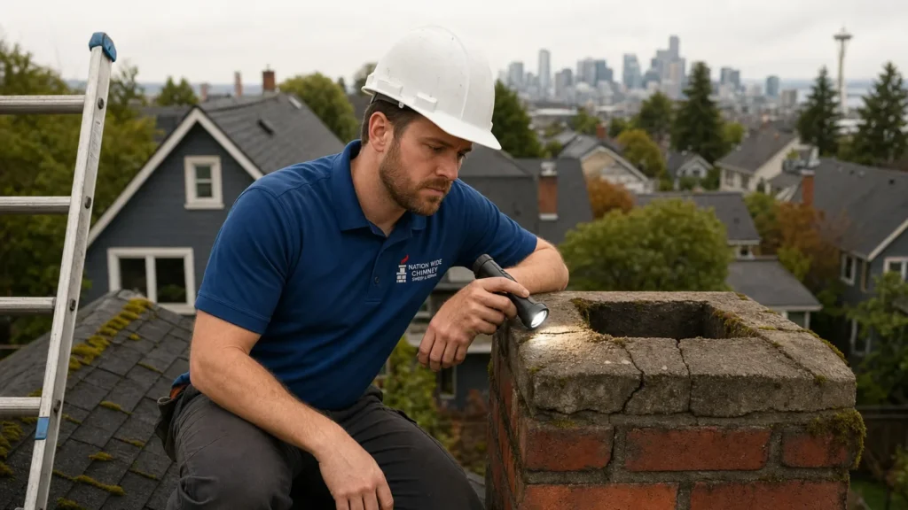Chimney inspector examines brick chimney with flashlight on residential rooftop.