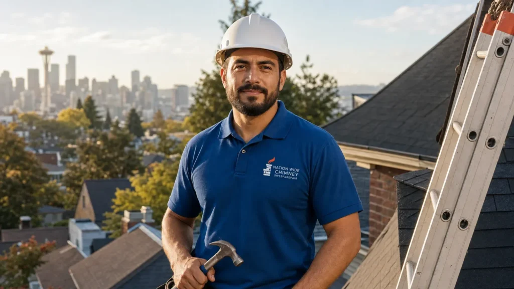 Professional chimney repair technician on rooftop with city skyline backdrop.
