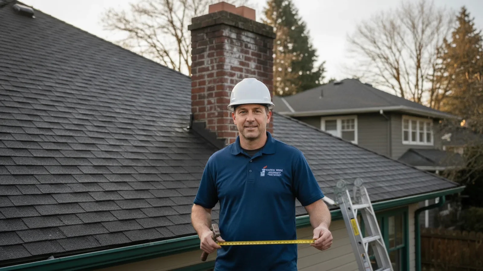Professional roofer with tape measure on residential home roof with brick chimney.