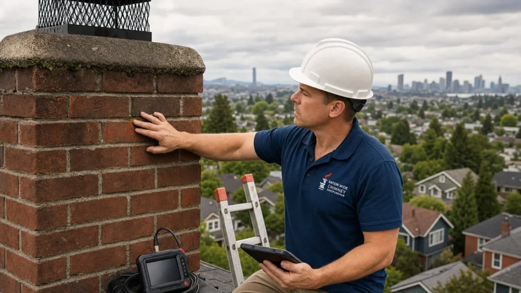 Chimney inspector examines brick flue with diagnostic equipment on residential rooftop.