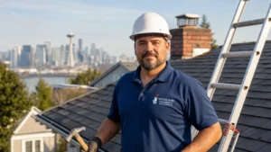 Professional chimney sweep poses on residential roof with city skyline backdrop.