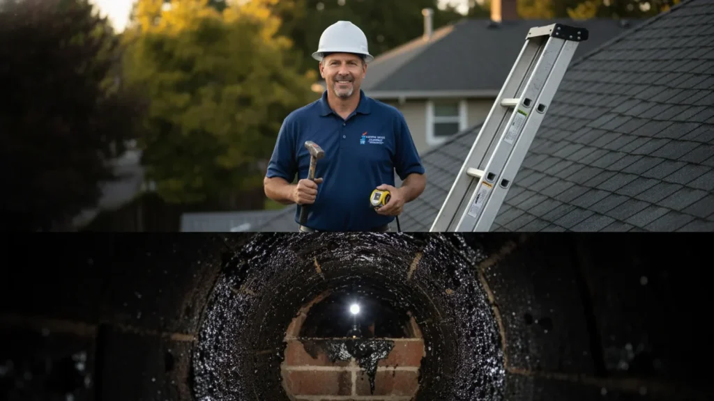 Professional plumber with tools on residential roof displaying underground sewer line inspection.