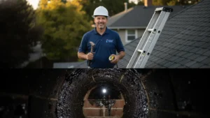 Professional plumber with tools on residential roof displaying underground sewer line inspection.