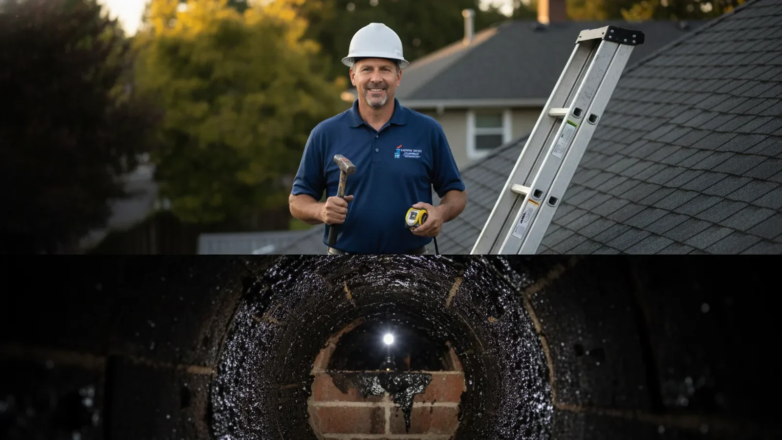 Professional plumber with tools on residential roof displaying underground sewer line inspection.