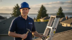 Professional contractor poses with ladder and tools on residential roofing project.