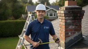 Professional chimney sweep poses on residential roofline with measurement tools and hard hat.