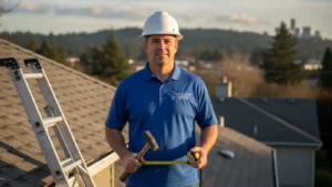 Roofing contractor on residential rooftop with tools and measuring tape.