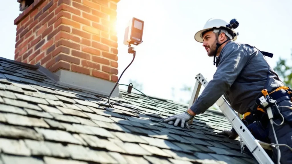 Roofer installing equipment on residential roof with brick chimney and safety gear.
