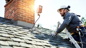 Roofer installing equipment on residential roof with brick chimney and safety gear.