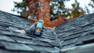 Inspector holding digital thermohygrometer on roof during home inspection.