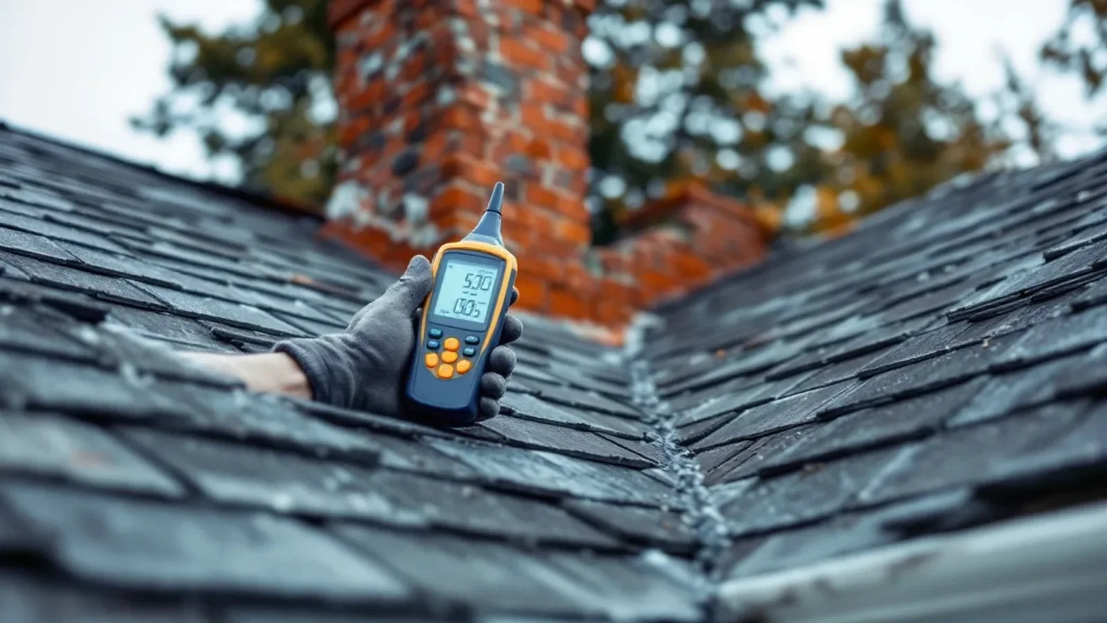 Inspector holding digital thermohygrometer on roof during home inspection.