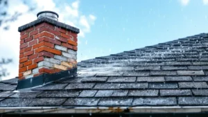 Brick chimney on dark asphalt shingle roof with rain streaks and blue sky.