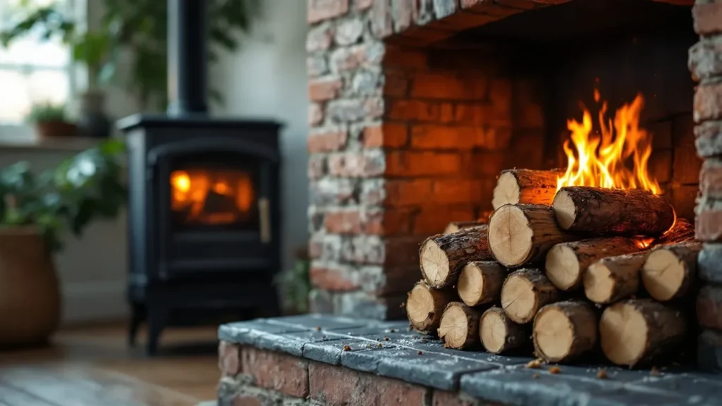 Firewood stacked before an active fireplace and wood stove in a cozy brick interior.