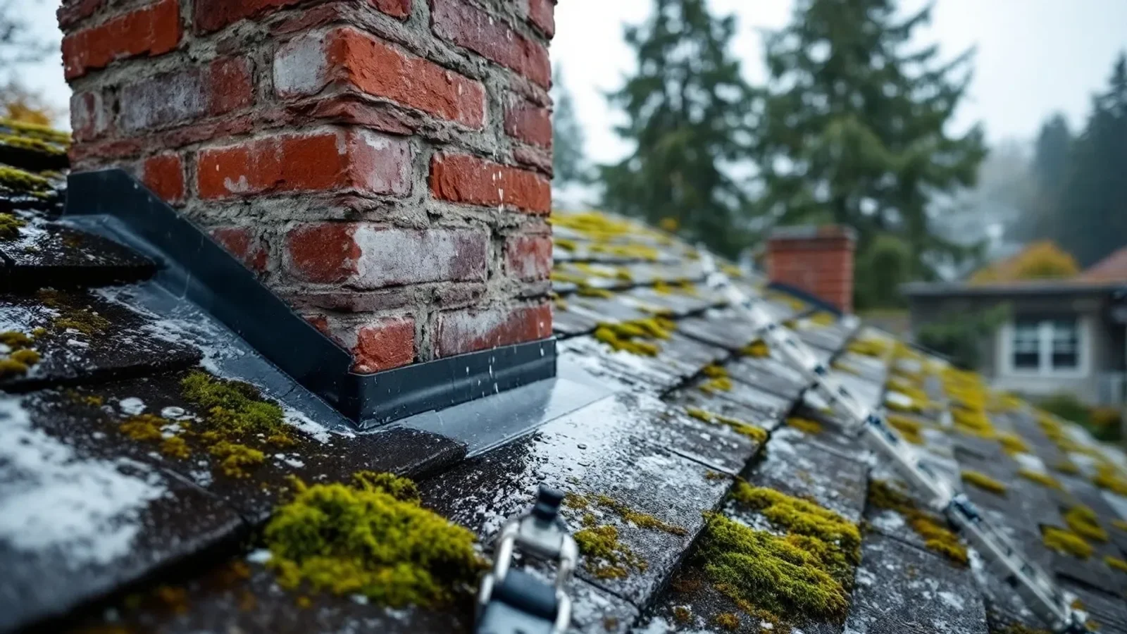 Wet slate roof with moss and brick chimney in forest setting