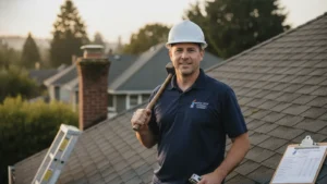 Professional chimney sweep poses on residential roof with tools and inspection clipboard.