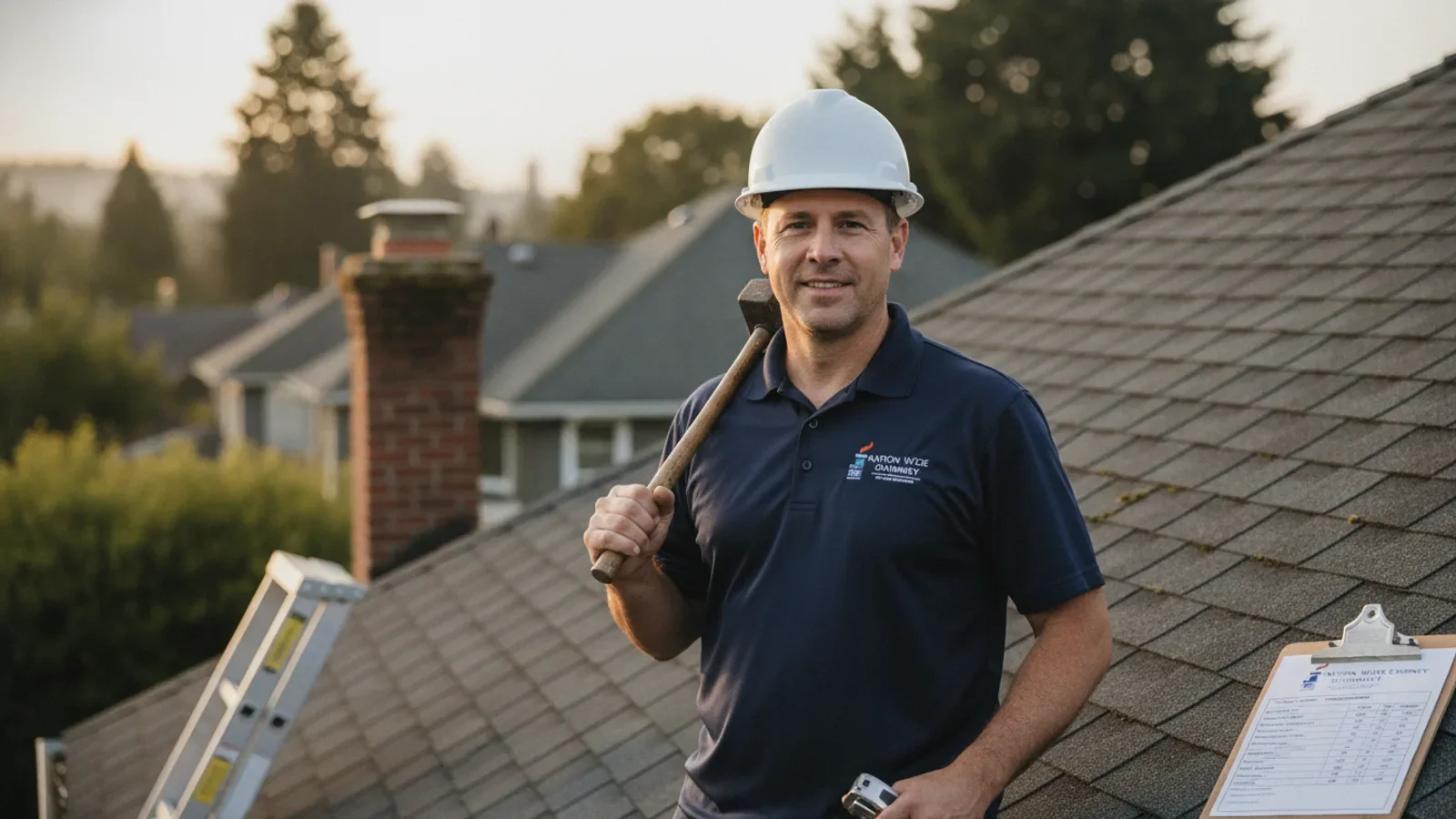 Professional chimney sweep poses on residential roof with tools and inspection clipboard.