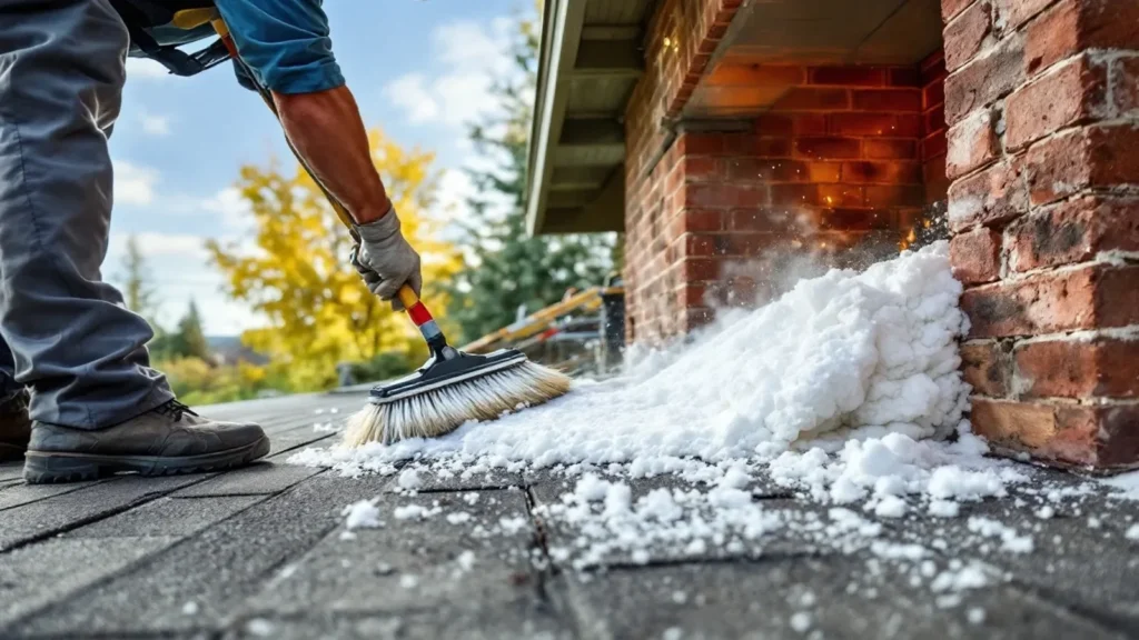 Worker sweeping snow and ice off a residential deck with brick chimney backdrop.