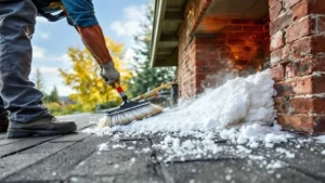 Worker sweeping snow and ice off a residential deck with brick chimney backdrop.