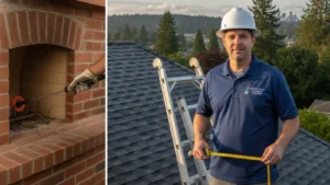 Chimney sweep professional inspecting residential roof with measurement tools and safety equipment.