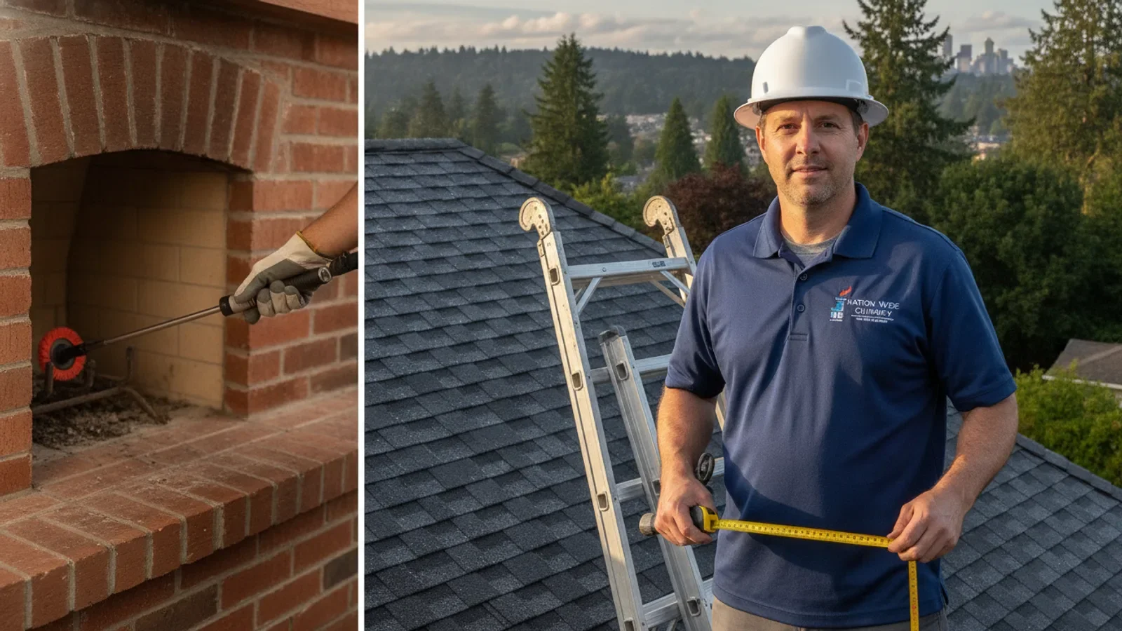 Chimney sweep professional inspecting residential roof with measurement tools and safety equipment.