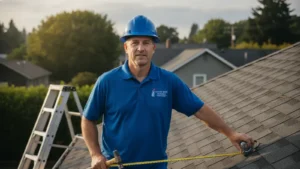 Professional roofer on residential roof with measuring tape and safety equipment.