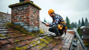Roofing inspector examines chimney and moss-covered shingles during residential roof inspection.
