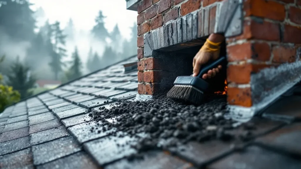 A close-up photograph of a professional technician's hand using a heavy-duty brush to clean dark soot from the inside of
