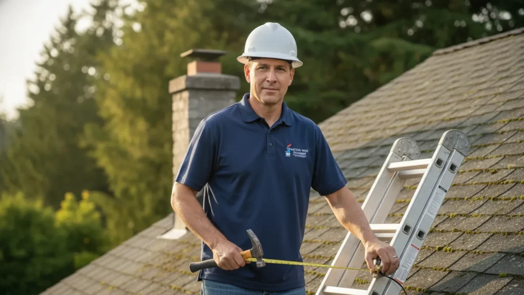 Professional roofer inspecting residential roof with ladder and tools.