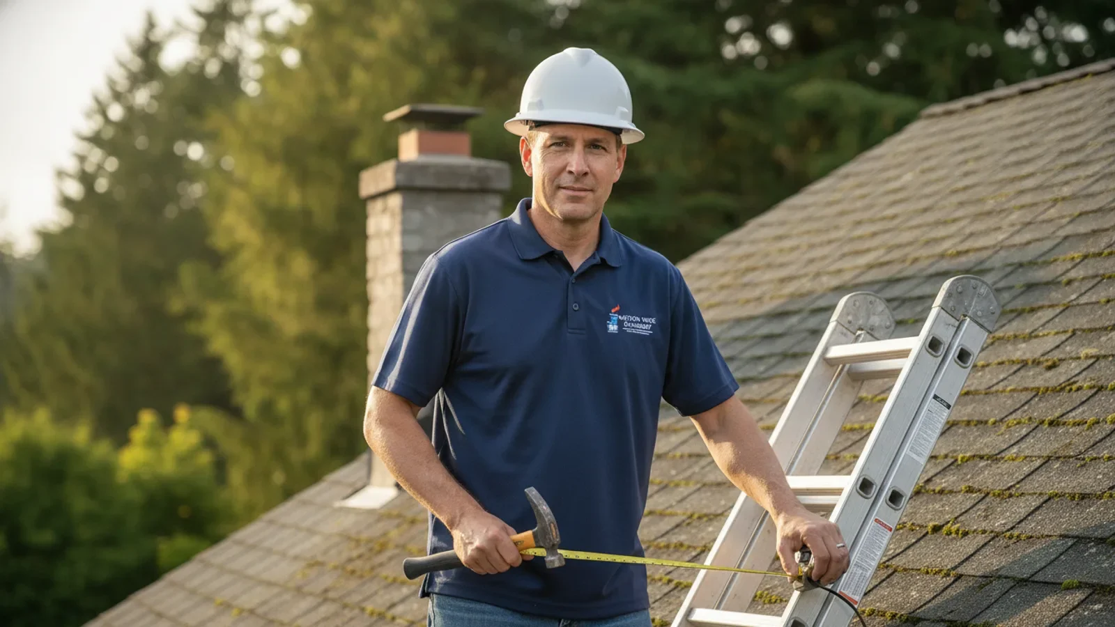 Professional roofer inspecting residential roof with ladder and tools.