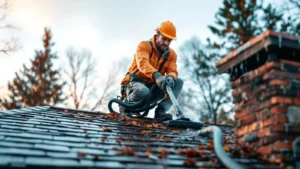 Professional roofer in safety gear cleaning gutters on residential home.