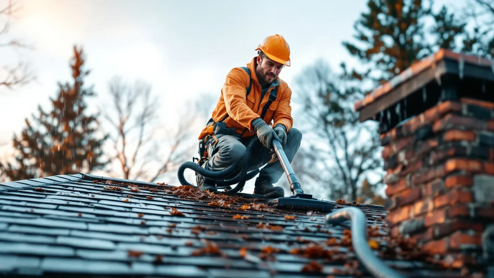 Professional roofer in safety gear cleaning gutters on residential home.