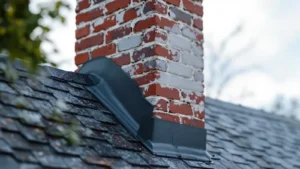 Brick chimney with black flashing meets slate roof tiles on residential home exterior.