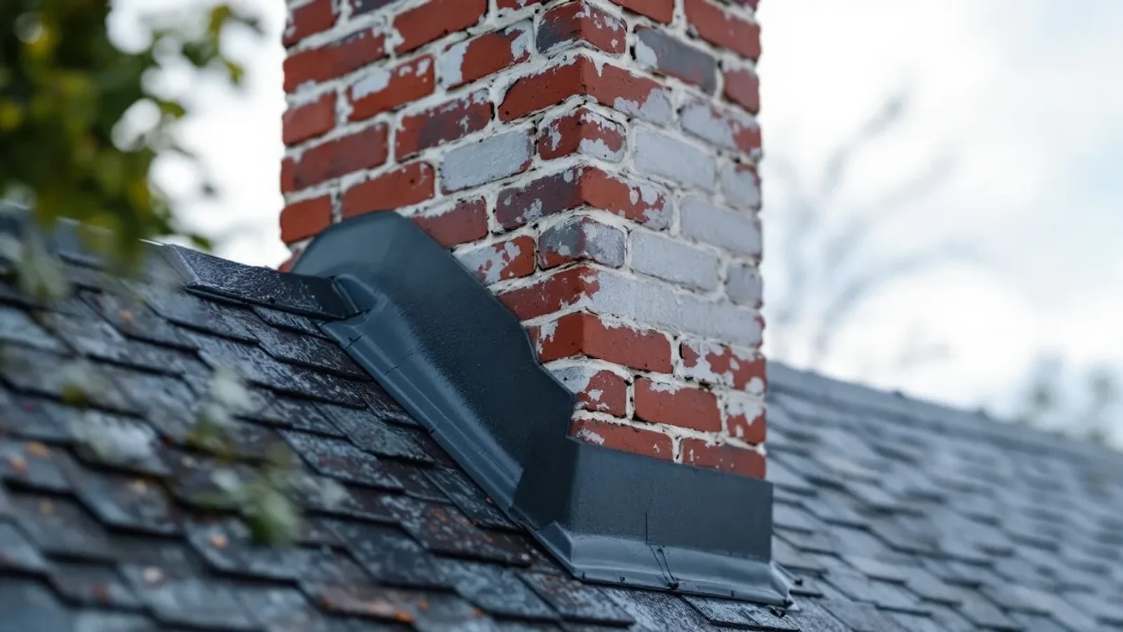 Brick chimney with black flashing meets slate roof tiles on residential home exterior.