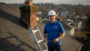 Professional roofer on residential rooftop with ladder and measurement tools.