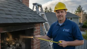 Professional chimney inspector measures roofline during residential inspection with ladder and safety equipment.