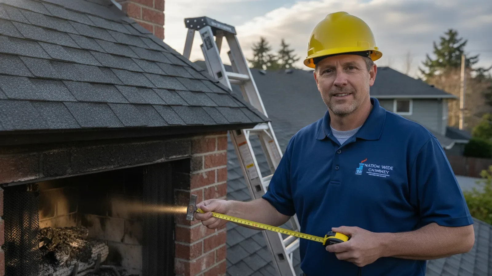 Professional chimney inspector measures roofline during residential inspection with ladder and safety equipment.