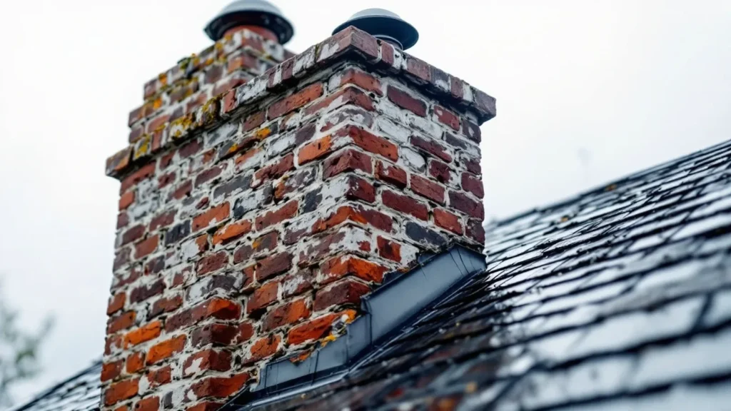 Weathered brick chimney with metal cap on dark slate roof tile