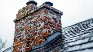 Weathered brick chimney with metal cap on dark slate roof tile