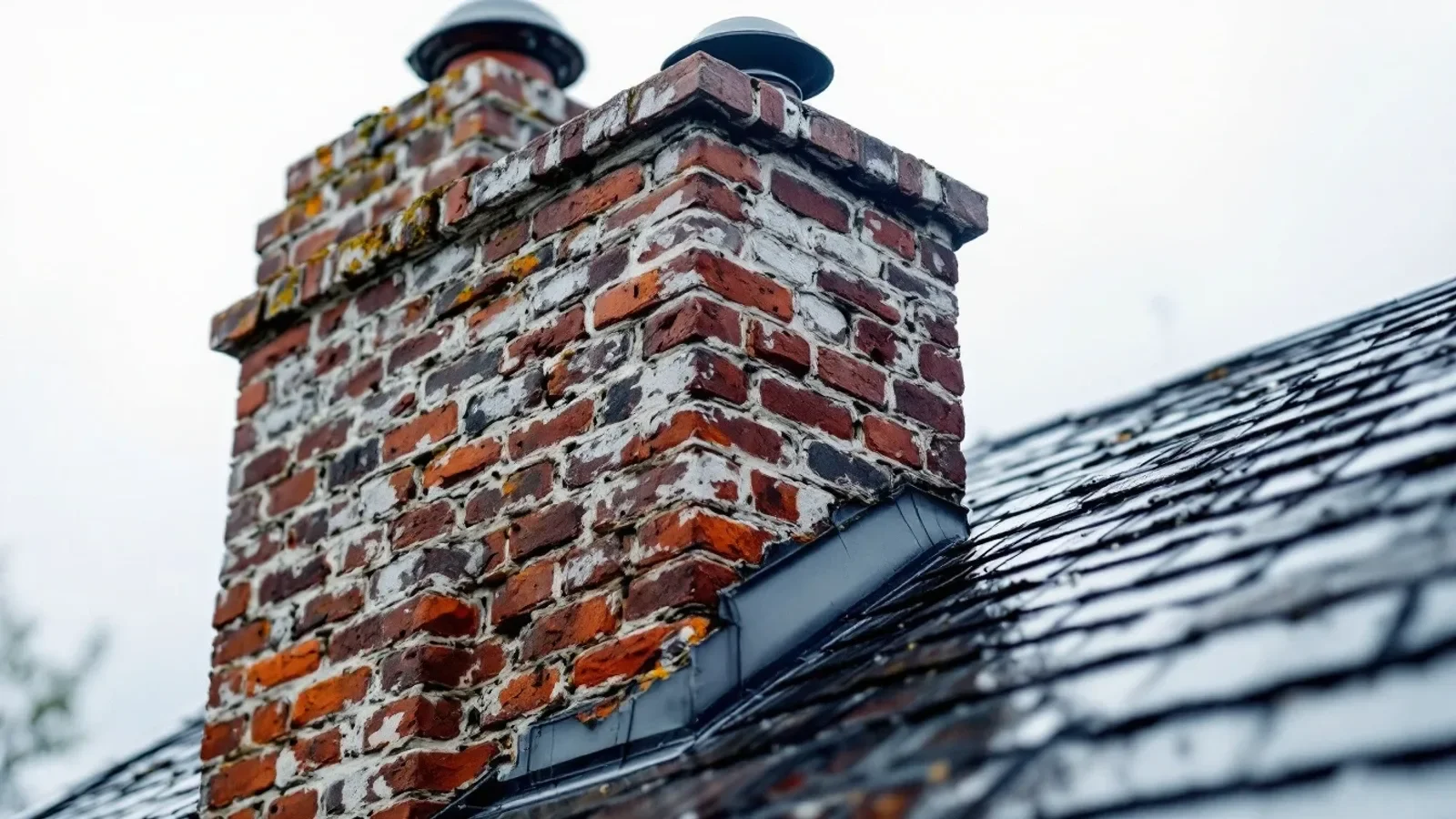 Weathered brick chimney with metal cap on dark slate roof tile