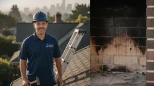Professional roofer with tools on residential rooftop with city skyline backdrop.