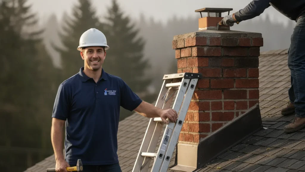 Professional chimney inspector smiling on residential roof with brick chimney and ladder.