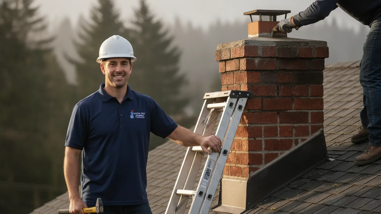 Professional chimney inspector smiling on residential roof with brick chimney and ladder.