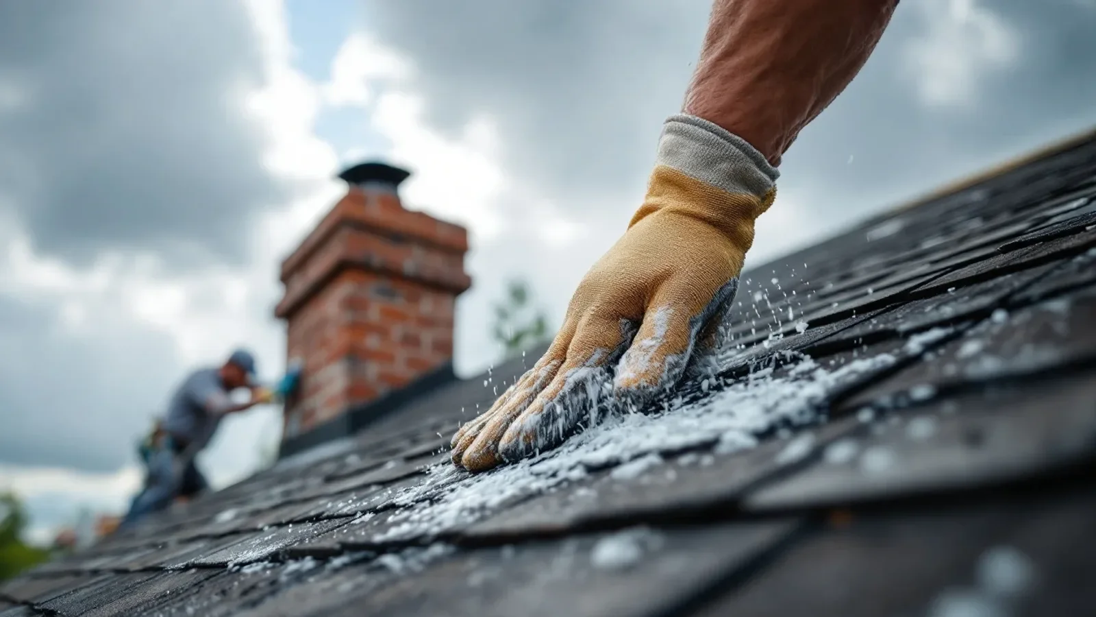 Worker in protective gloves applying waterproof sealant to roof shingles during installation.