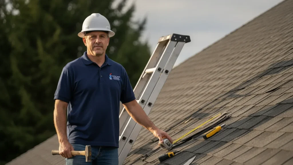 Professional roofer with tools on residential shingle roof during daytime inspection.