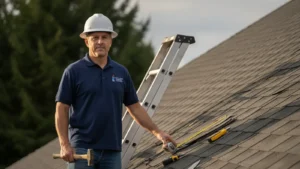 Professional roofer with tools on residential shingle roof during daytime inspection.